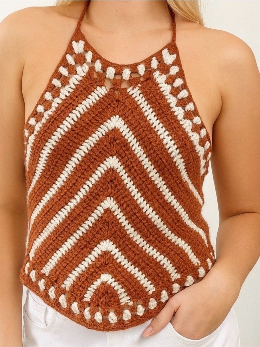 Rust & Cream Crochet Halter Camisole fall vibes layer pop over women’s Sz M/L